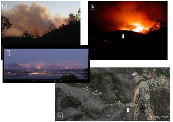 12th October 2006. The arrows in image (b) and (d) show the position of a house in the fire zone. Image (c) is credited to Ian Stewart (ian.stewart@auroraenergy.com.au)